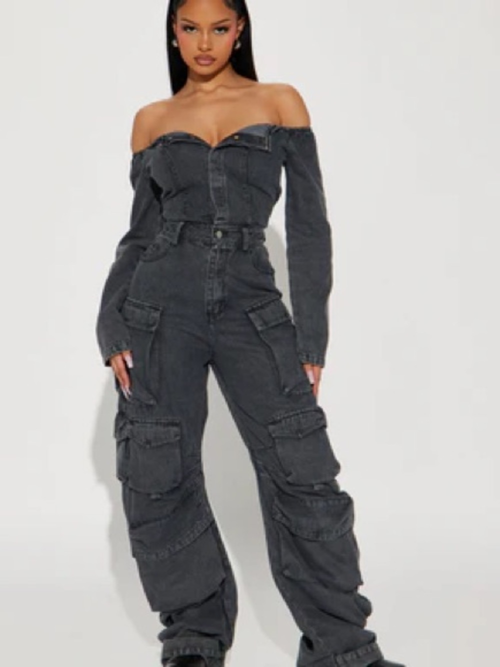 Fashion Nova Off-Shoulder Charcoal Cargo Jumpsuit